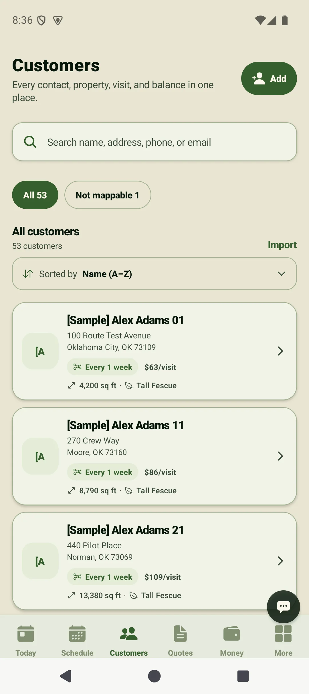 Business Suite customer list showing populated sample accounts, service addresses, and visit pricing.