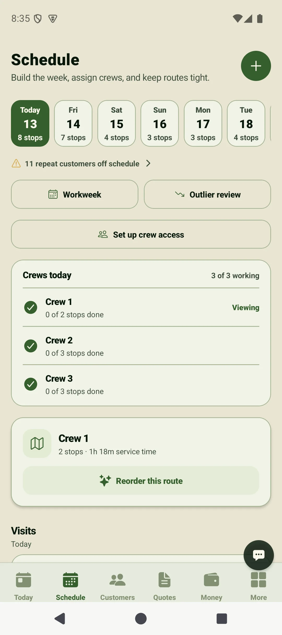 Business Suite schedule showing crew assignments and upcoming visits.