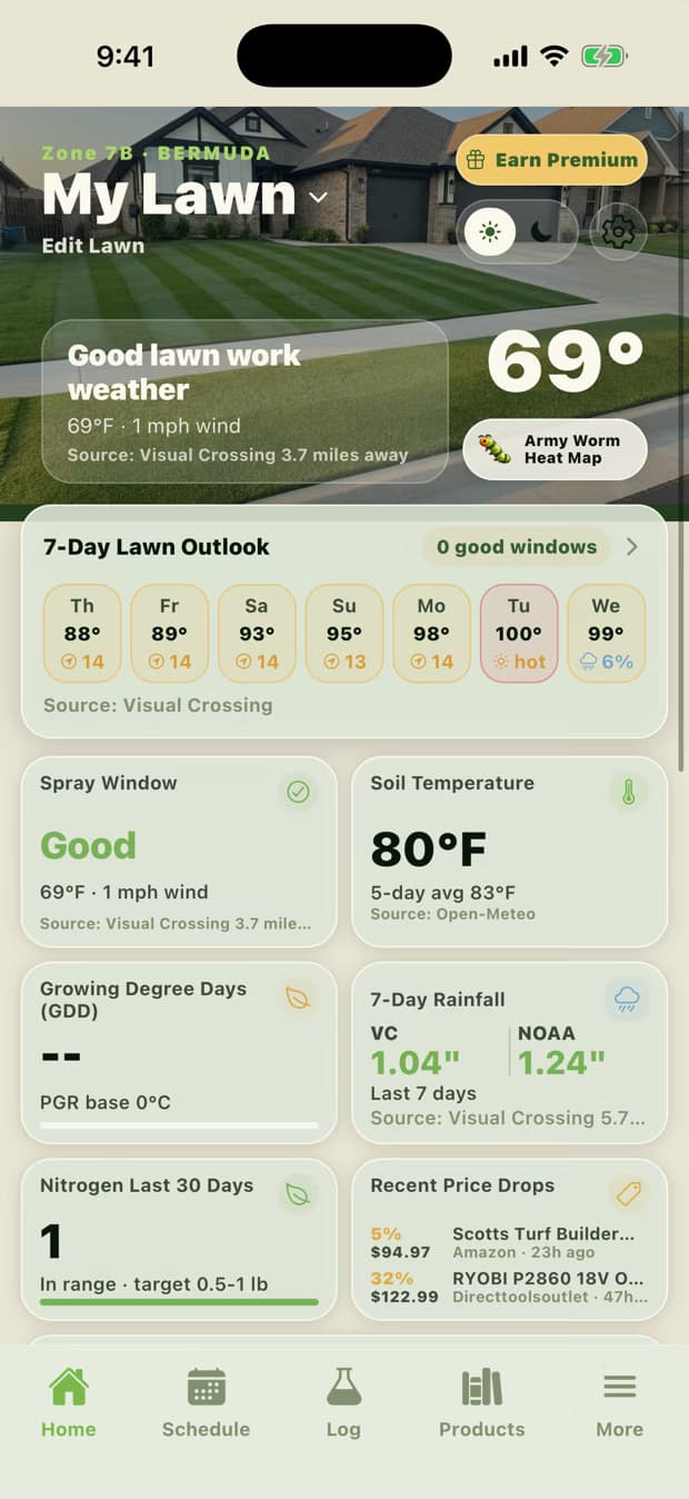 Lawn Dominator home screen showing weather, soil temperature, rainfall, GDD, and current tasks.
