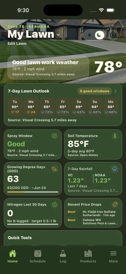 Lawn Dominator app dashboard showing soil temperature, GDD, and the season schedule