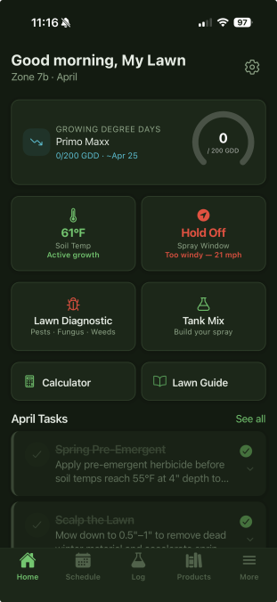 Lawn Dominators dashboard screen showing GDD, soil temperature, spray conditions, diagnostics, tank mix, and April tasks.
